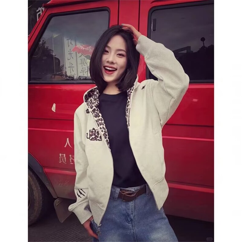 港风小恶魔豹纹开衫卫衣男女2026新款慵懒风连帽外套拉链上衣W342,女装短外套,星座516A