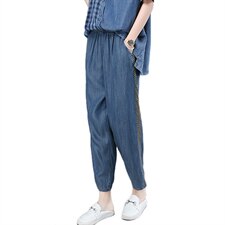 2021夏季新款时尚拼接水洗天丝牛仔裤，女装牛仔裤，叶笙衣