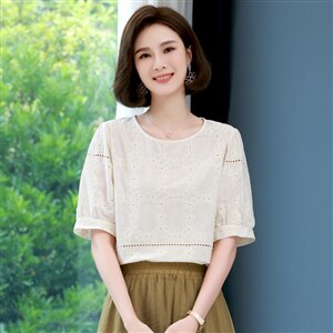 2022夏装新款舒适提花短袖上衣百搭女士套头上衣图片