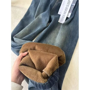 加绒牛仔裤男女韩版潮流保暖2025冬季ins长裤RK3332-P50图片