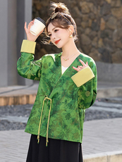新中式提花改良版绿色外套女2025春秋轻奢高级感宽松V领开衫上衣，女装短外套，艾仟回(原伊仟回)