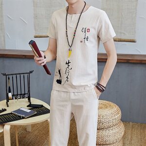 夏季短袖t恤套装男装一套潮男休闲运动宽松棉麻潮流夏装TZ023图片