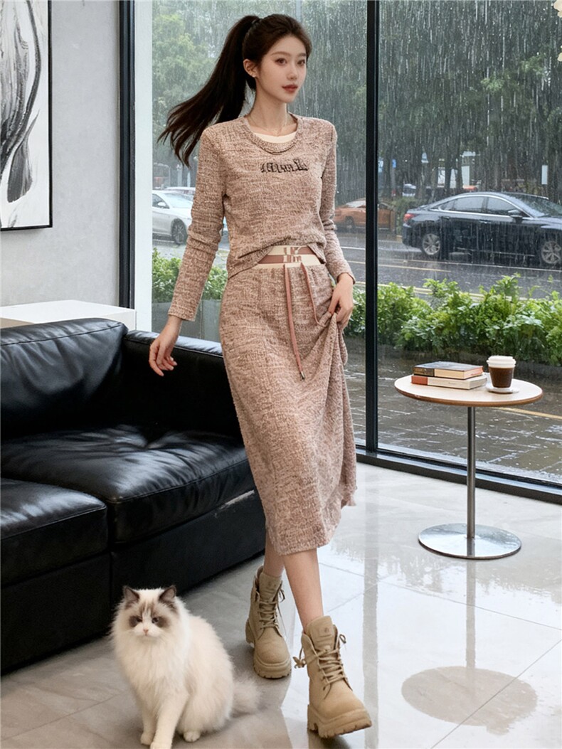 高级感时尚休闲套装女秋季新款港风洋气显瘦卫衣开叉半身裙两件套,女装套装/套裙,江南