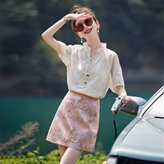 【花叶朝云】2024夏季新款新中式衬衫天丝上衣V领小衫白色女，女装套装/套裙，韩蜜菓