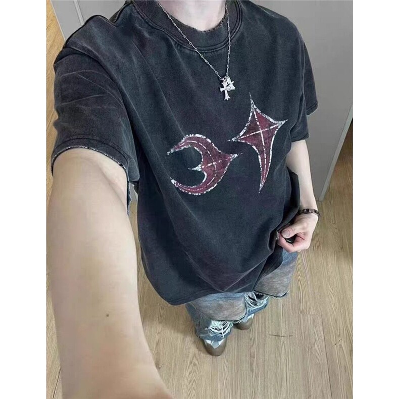大码胖子小众潮牌重工做旧脏染星月短袖美式休闲男女流行T恤T1208,男装T恤,星座601-1