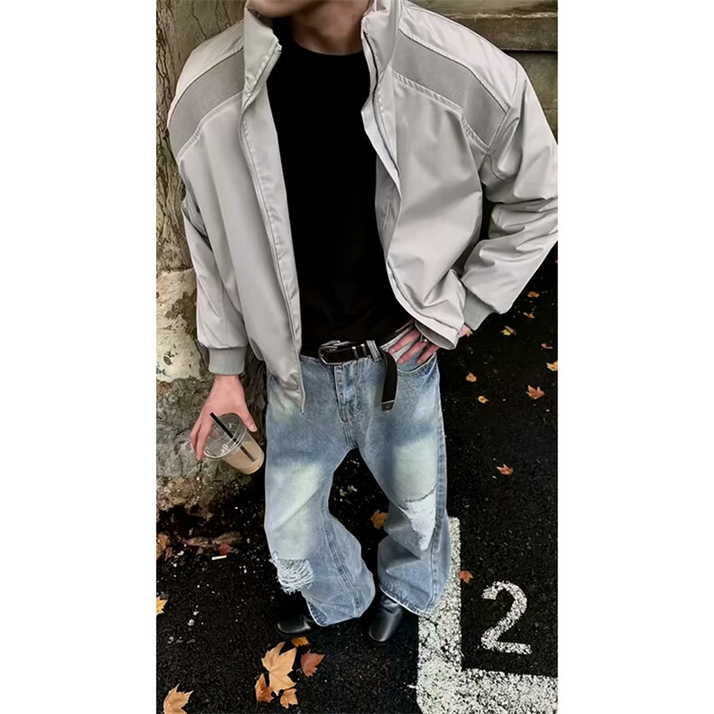 高品质春装新款老钱风美式高街解构立领棒球服飞行夹克潮休闲外套,男装夹克,电商A486-1