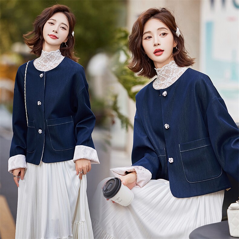 2024秋装新款女新中式牛仔提花拼接外套，女装牛仔外套，曼娅璐