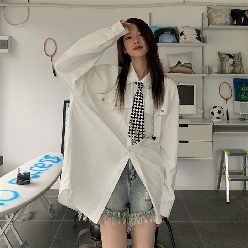 白色polo领长袖衬衣女2023春夏宽松韩版百搭纯色衬衫3069-P53,男装衬衫,星座910-1