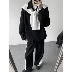 5XL-M潮流高级感披肩撞色拼接翻领百搭卫衣宽松弯刀长裤TZ113P118图片