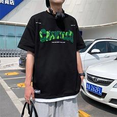 美式街头字母刺绣短袖t恤男女夏季潮牌oversize情侣装半袖，男装T恤，星座1013