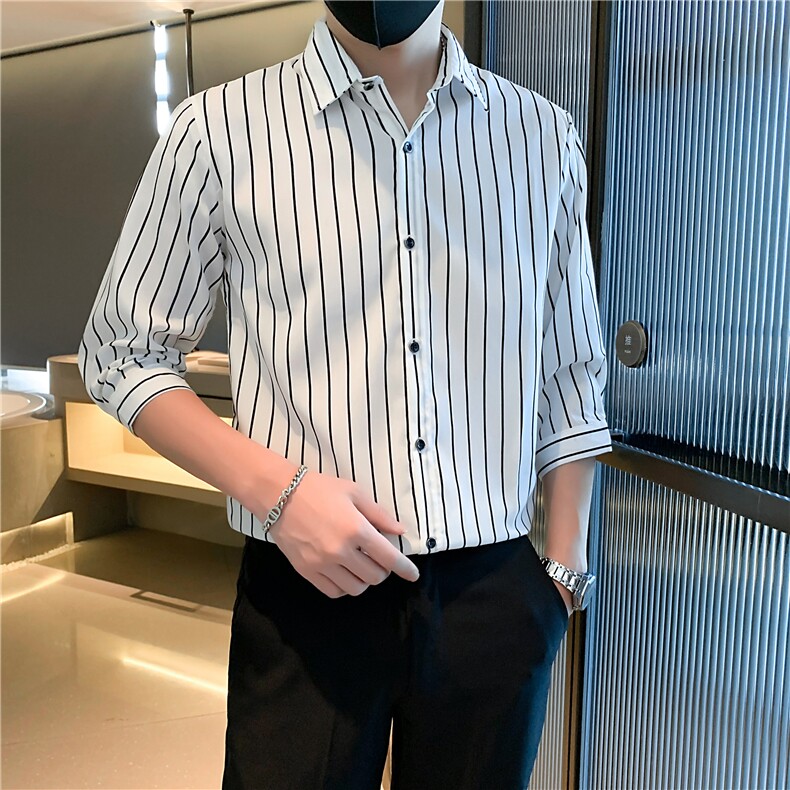 条纹七分袖衬衣新品轻熟风男装韩版修身高级感衬衫男士,男装衬衫,星座1116A-2（原606A-1）