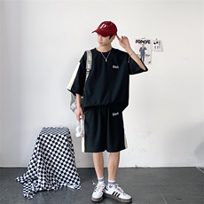 2026夏装华夫格拼接绣花休闲运动套装五分短裤TZ808/P65黑色，男装休闲套装，电商A094