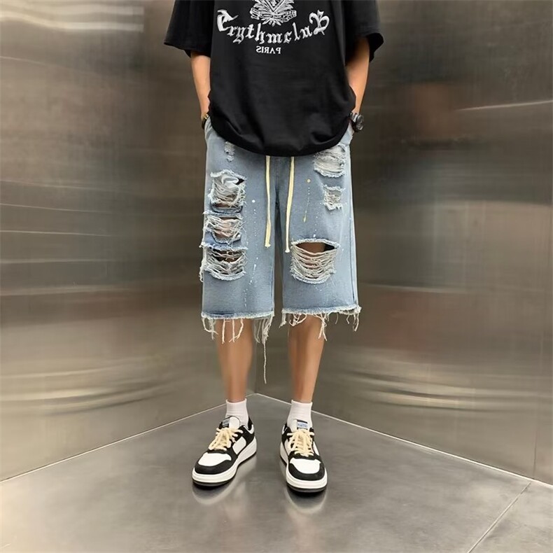 男五分裤休闲青春流行夏季潮慵懒潮流ins潮牌新款泼墨牛仔裤破洞,男装牛仔裤,四季星座218-1