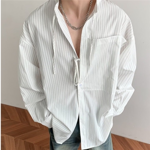 夏季慵懒风条纹衬衫设计感抽绳长袖衬衣防晒男女衬衣CS0049 P50图片