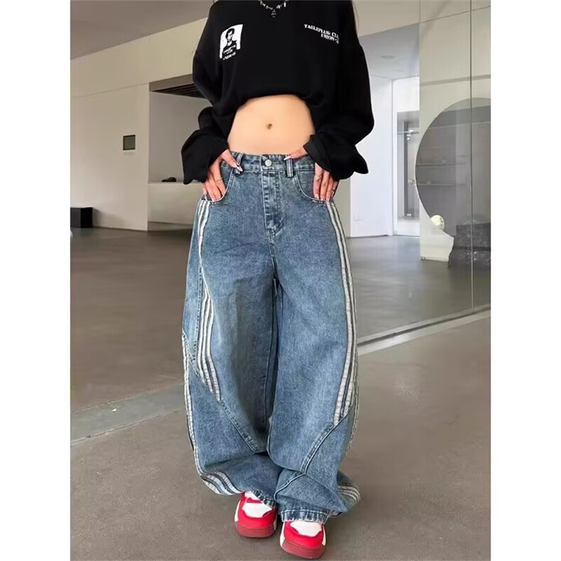 KU34-P52美式复古水洗解构弯刀牛仔裤女高街条纹拼接宽松显瘦,男装牛仔裤,电商B323A