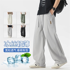 【现货】夏季新款冰丝休闲裤薄款宽松拼接港风松紧腰长裤1667-P40，男装休闲裤，星座1006