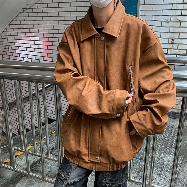 美式潮牌重磅棕色机车外套复古oversize设计感小众男夹克,男装夹克,星座410-7