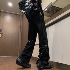 D1625-P58黑色阔腿微喇牛仔裤男秋冬直筒排扣时尚裤街头休闲裤，男装牛仔裤，星座603-2