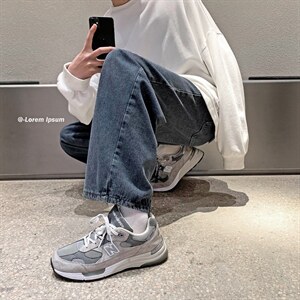 新款韩版牛仔裤男港风阔腿直筒老爹裤百搭宽松休闲九分裤NK70-P35图片