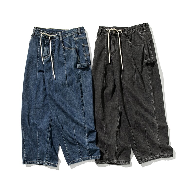 平铺图秋冬日系大码牛仔裤阔腿裤休闲裤直筒美式工装裤H808/P65，男装牛仔裤，钱塘713