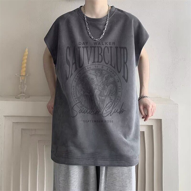 2025新品百搭潮流韩版时尚个性青少年麂皮绒圆领宽松背心,男装T恤,星座715-4