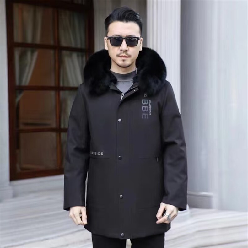 2025新款男士中长款派克服獭兔毛可拆卸内胆狐狸毛领图片