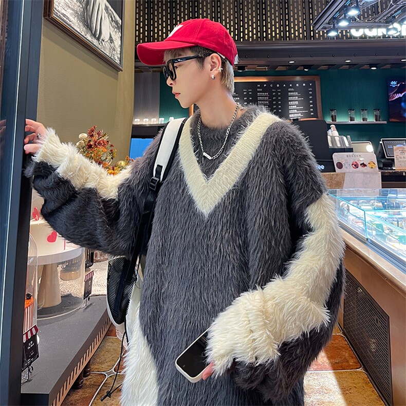 秋款男V领套头毛衣水洗貂毛拼色休闲打底外套M5644P70,男装针织衫/毛衣,星座1013-1
