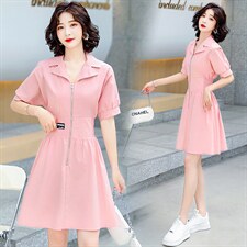 2024夏季新款简约优雅气质翻领休闲时尚高腰舒适修身连衣裙，女装连衣裙，三木叶子