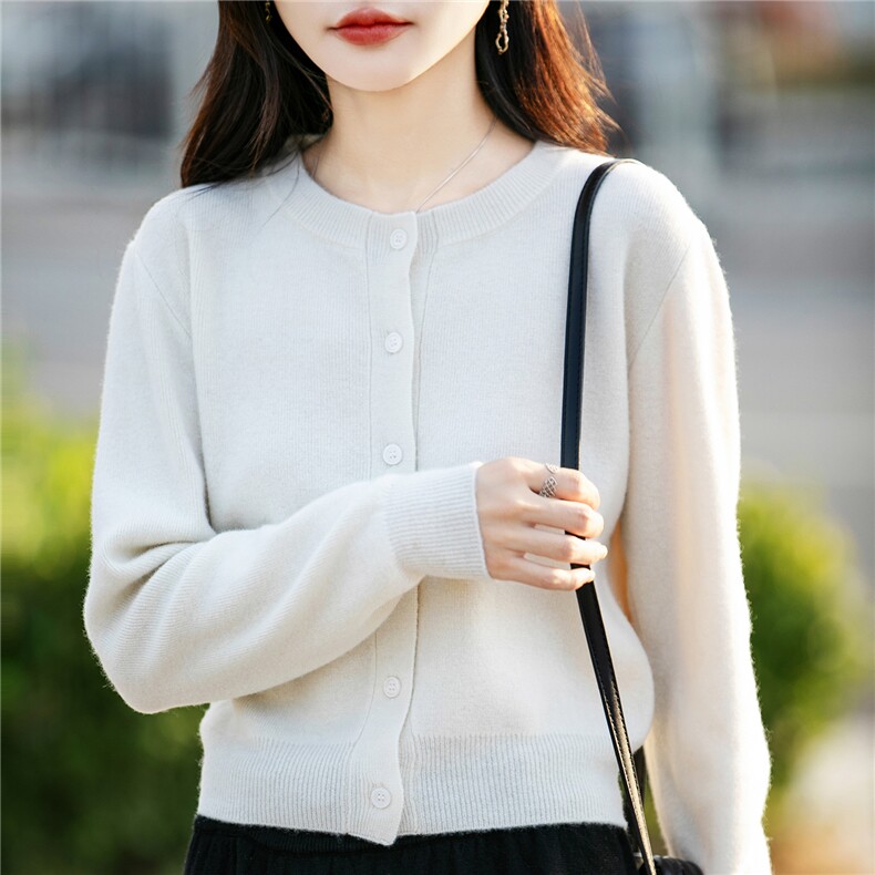 秋冬圆领纯色100%纯羊毛开衫女宽松羊绒衫外套上衣长袖针织衫毛衣，女装羊毛衫，蒙特羊绒