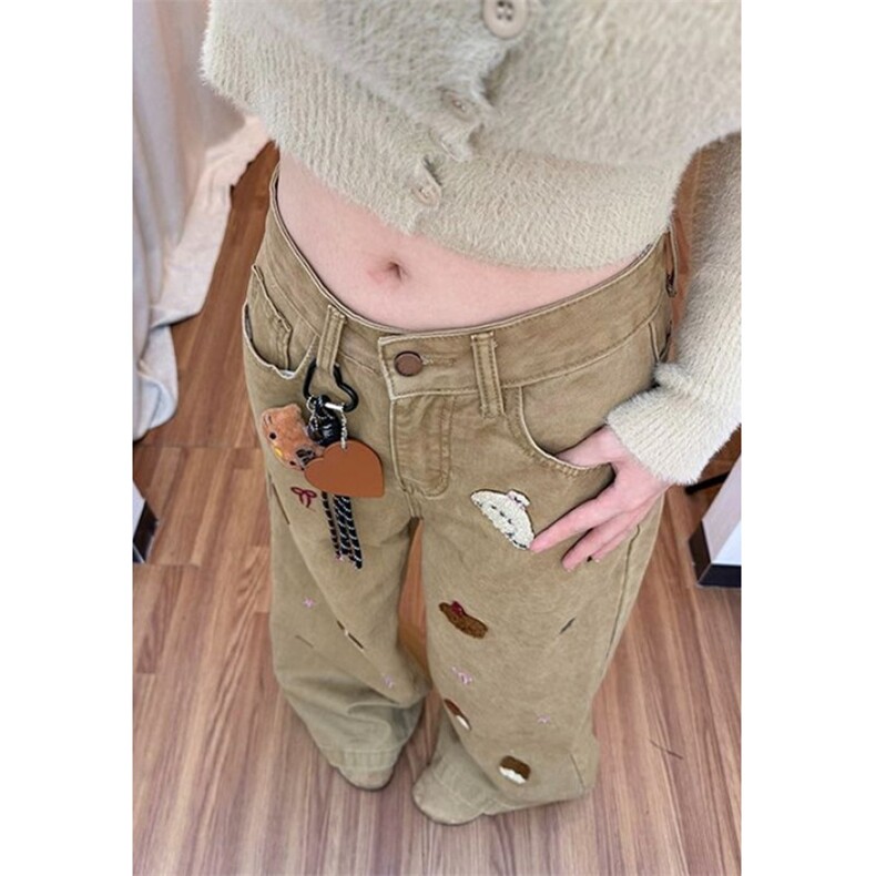 可爱小熊刺绣牛仔裤裤子女款冬季卡其色高腰宽松阔腿长裤NA9153,男装牛仔裤,星座1116A（原606A-3）