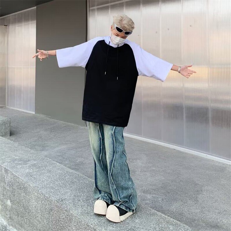 连帽短袖T恤男士夏季宽松潮牌五分袖插肩撞色百搭上衣服,男装T恤,星座410-7
