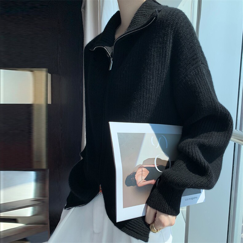 翻领双拉链100%纯羊毛开衫女高领加厚长袖毛衣宽松羊绒衫外搭上衣,女装羊毛衫,冀清阳荣