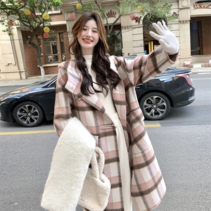 韩版时尚连帽双面羊绒大衣女2025秋冬季新款宽松显瘦长款呢子外套图片