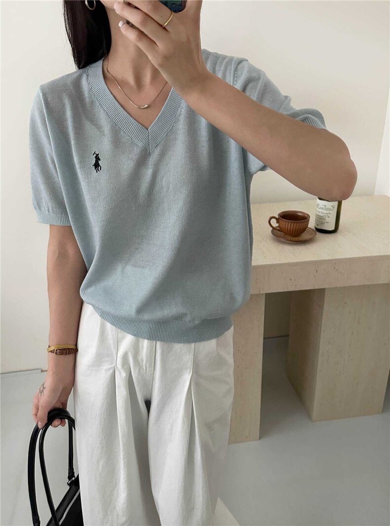 夏季新款简约天丝麻V领刺绣小马短袖女宽松百搭显瘦时尚休闲上衣,针织衫/毛衣,臻纶羊绒