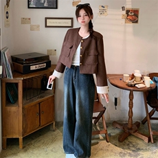 小香风短款圆领大口袋短外套女秋季新款咖色灰绿色8836p135k198，女装短外套，2D143