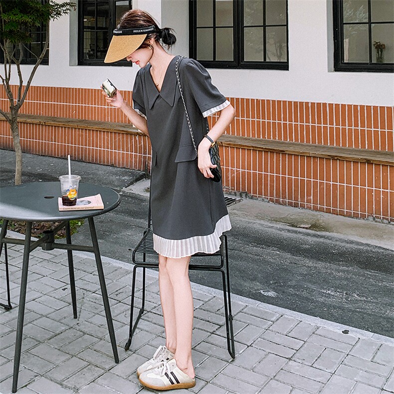 独特漂亮灰色西装连衣裙女夏2025年新款休闲减龄松弛感娃娃领裙子,女装连衣裙,2D078