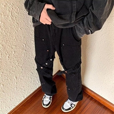 美式机能铆钉工装牛仔裤男女街头高街风纽扣设计直筒hiphop休闲裤，男装牛仔裤，星座601-1