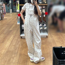 日系可爱清纯风白色牛仔背带裤女印花少女连体裤宽松显瘦长裤子潮，男装牛仔裤，星座506A