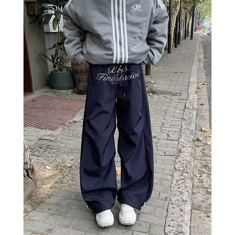 美式复古字母男女春季新款设计感小众弯刀裤宽松褶皱阔腿裤子,男装休闲裤,星座1013