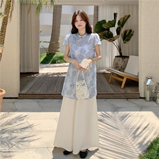 新中式国风气质蕾丝上衣阔腿裤套装女夏2025新款超好看两件套甜美，女装套装/套裙，2C135