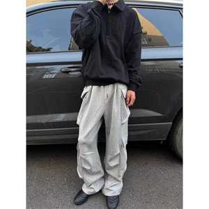 灰色重磅多口袋工装卫裤男宽松垂感阔腿裤直筒休闲运动裤 K9005图片