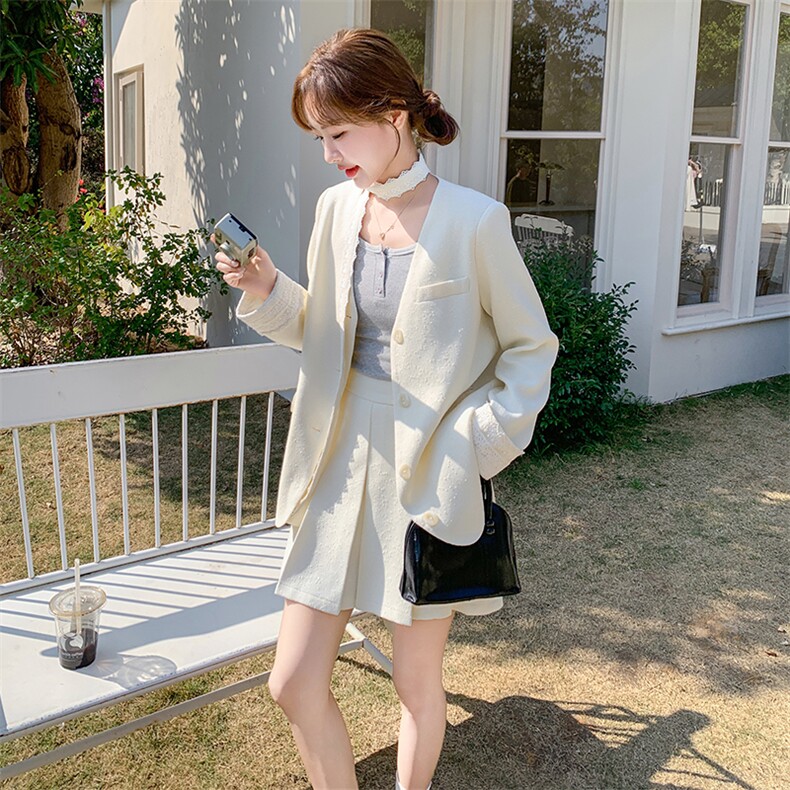 蕾丝飘带休闲西装外套女套装2025秋新款气质V领西服百褶A字短裙,女装套装/套裙,霓裳依族