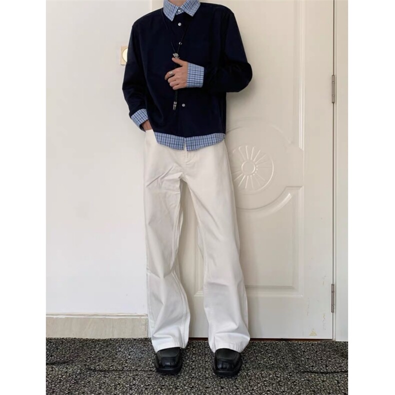 现货蓝色格子拼接翻领长袖上衣情侣款男女假两件衬衫CX03-TP45,男装衬衫,星座910A
