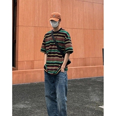 港味复古条纹短袖t恤女加大码夏季宽松撞色半袖上衣潮T1101，男装T恤，星座1116A（原606A-3）