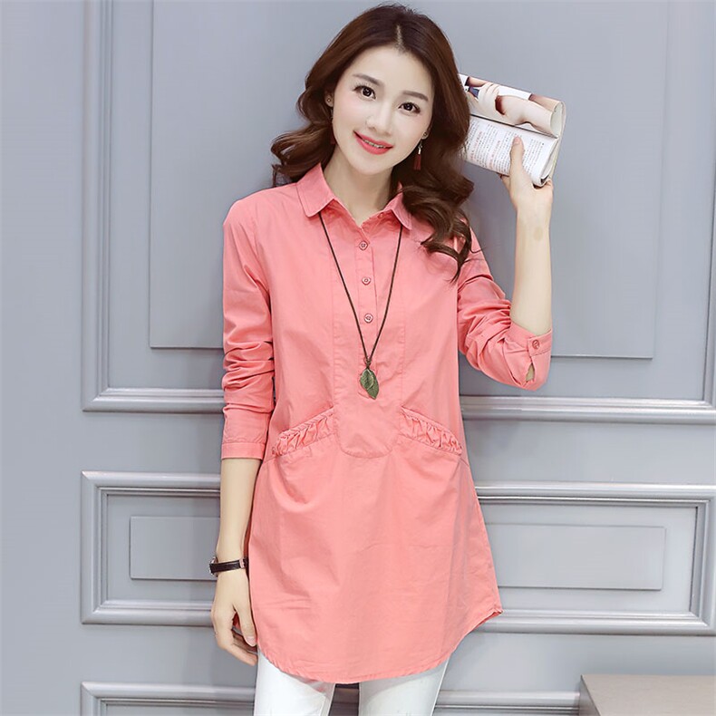 长袖排多扣中长款直筒纯色POLO领压皱口袋纯色衬衫2025年秋季，女装衬衫，风姿绰
