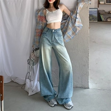 美式浅色破洞阔腿牛仔裤女2025年新款折痕水洗高腰垂感宽松拖地，男装牛仔裤，星座506A