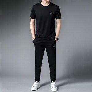 中年运动服三件套夏季男装冰丝薄款短袖长裤套装时尚休闲三件套,短袖男装怎么搭配图片