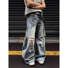 2025夏季新款小众长裤美式复古破洞设计感牛仔裤男女款A1160-P50，男装牛仔裤，星座208-5