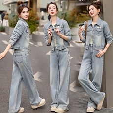 牛仔时尚套装女2025春季爆款小个子休闲洋气显瘦百搭气质两件套潮，女装短外套，新感觉