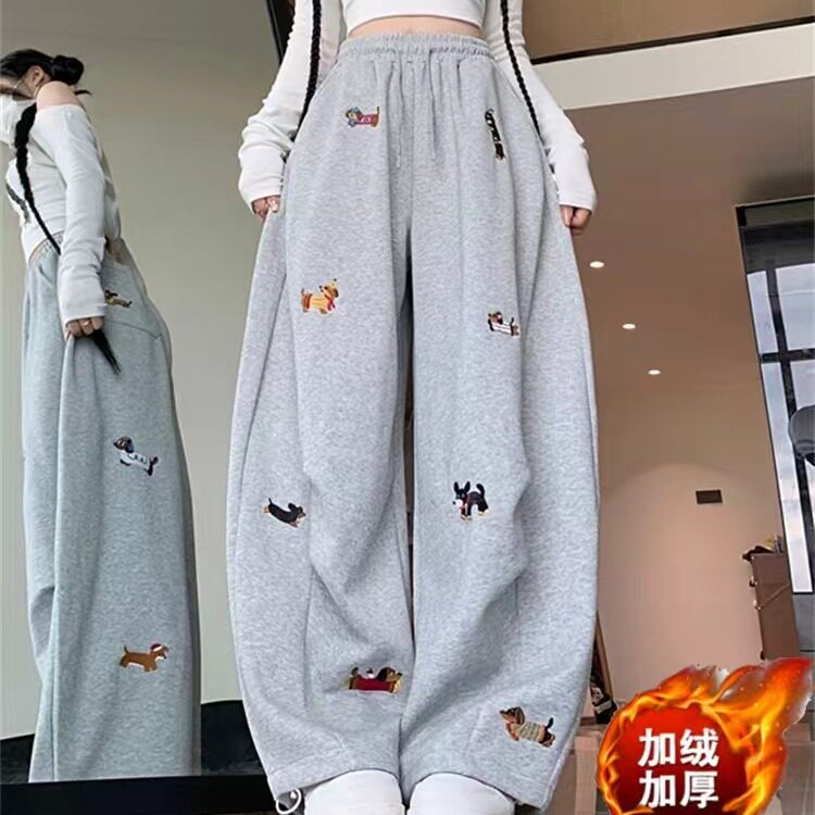 拉夏贝尔美式腊肠狗刺绣弯刀阔腿裤女2025年秋款高腰运动风休闲裤图片